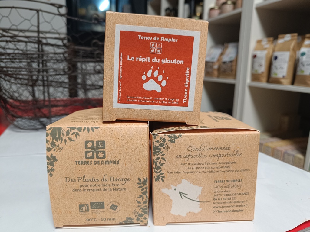 Tisane composée "Le répit du glouton" "Terres de simples" sachet compostable