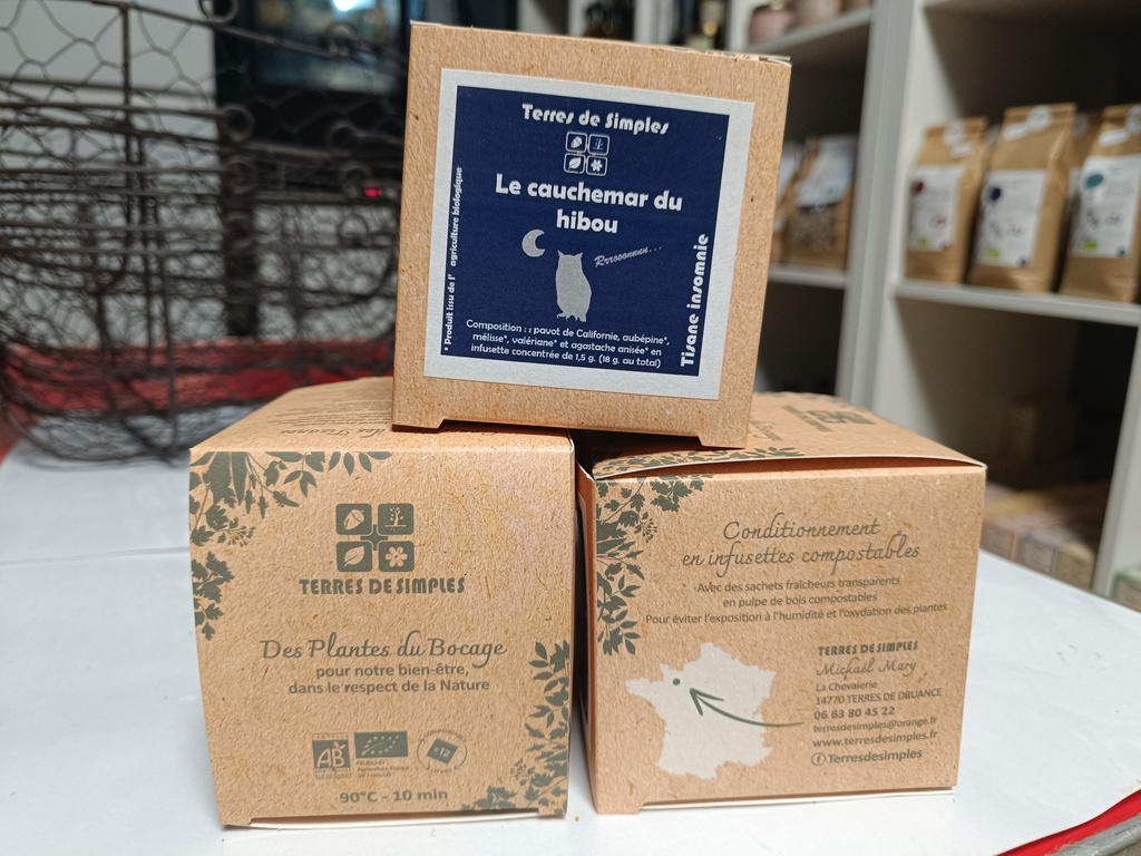 Tisane composée "Le cauchemar du hibou" "Terres de simples" sachet compostable